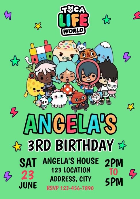 Toca Boca Green Birthday Invitation template A4