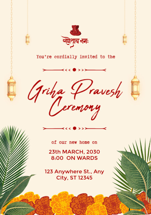 TRADISIONAL INDIAN GRIHA PRAVESH INVITATION Template | PosterMyWall