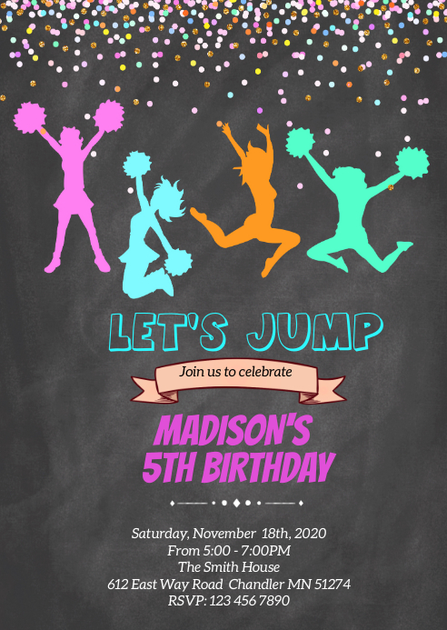 Trampoline Let's jump birthday invitation A6 template