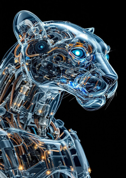 Transparent panther roboter, made of electronics, background black A4 template