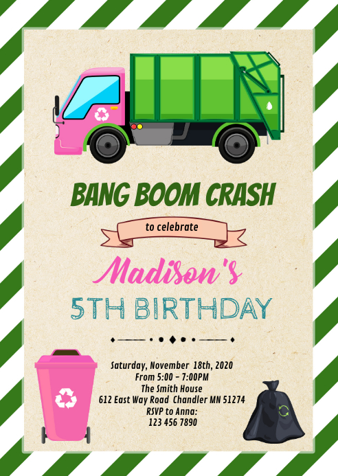 Trash truck birthday theme invitation A6 template