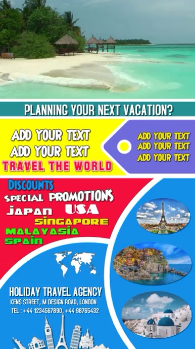 Travel, poster, holiday, video, background flyer Ekran reklamowy (9:16) template