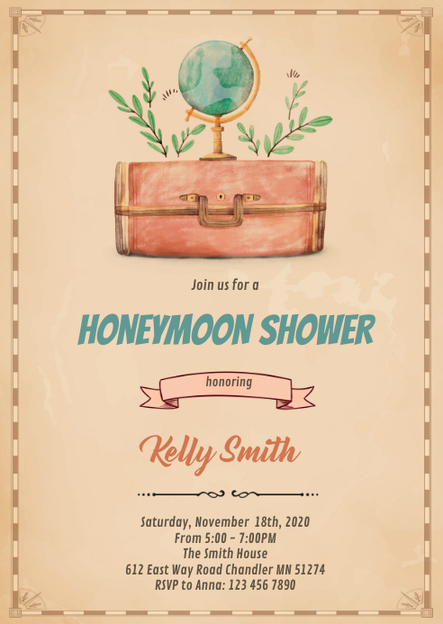 Travel honeymoon shower invitation A6 template