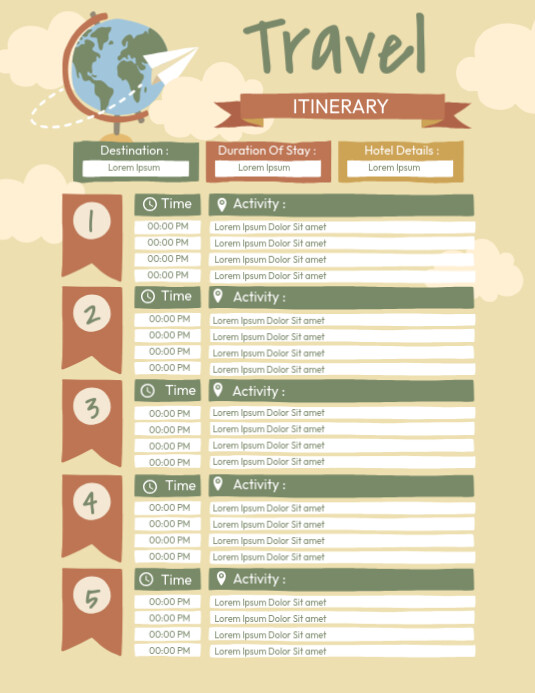 travel itinerary template Løbeseddel (US Letter)