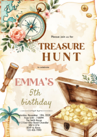 White Treasure Hunt Birthday Party A6 Template