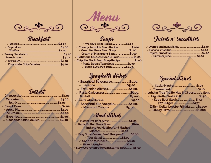 TRIFOLD COLORED MENU DESIGN TEMPLATE (1) Løbeseddel (US Letter)