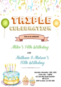 Triple birthday party invitation A6 template