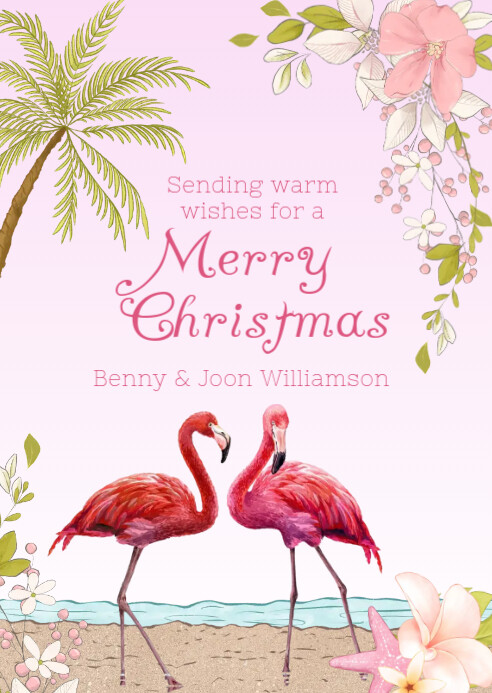 Tropical Beach Flamingo Christmas Card A6 template