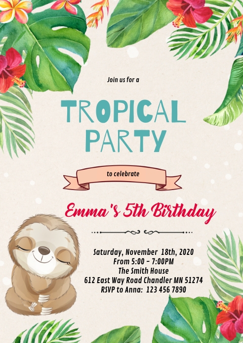 Tropical sloth invitation Template | PosterMyWall