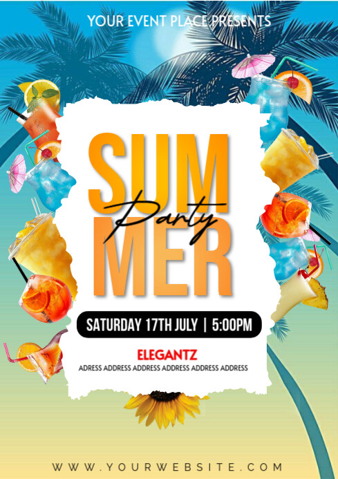 Tropical Summer Party Flyer – Beach, Pool, and Cocktail Event Invitation A4 template