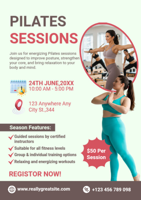 Pilates Class Poster Template – Fitness & Wellness Exercise Flyer A2