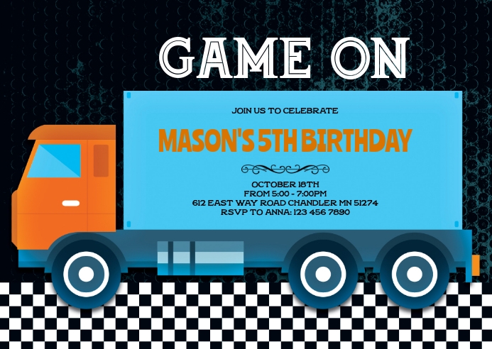 Truck game birthday invitation A6 template