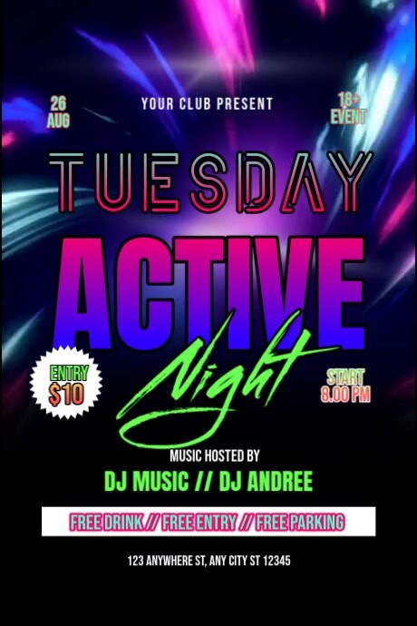 Tuesday active night video Plakkaat template