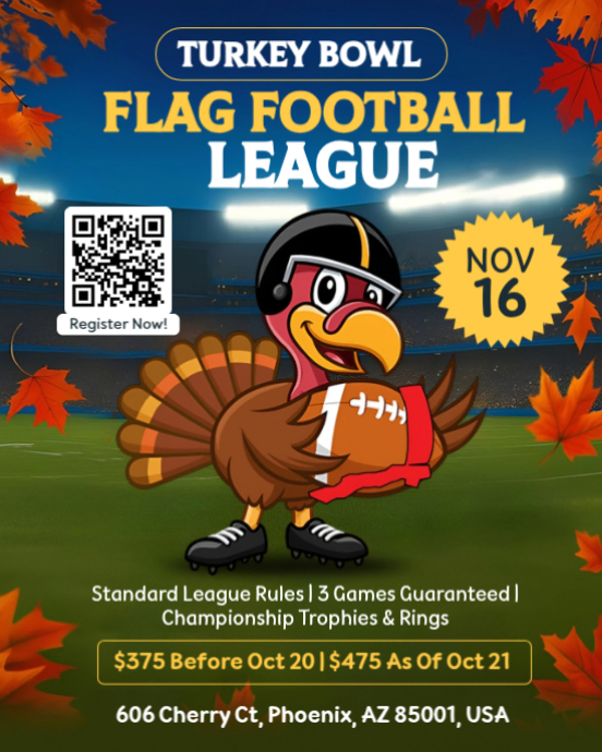 Plantilla de Turkey Bowl Flag Football League Flyer | Thanksgiving Flag ...
