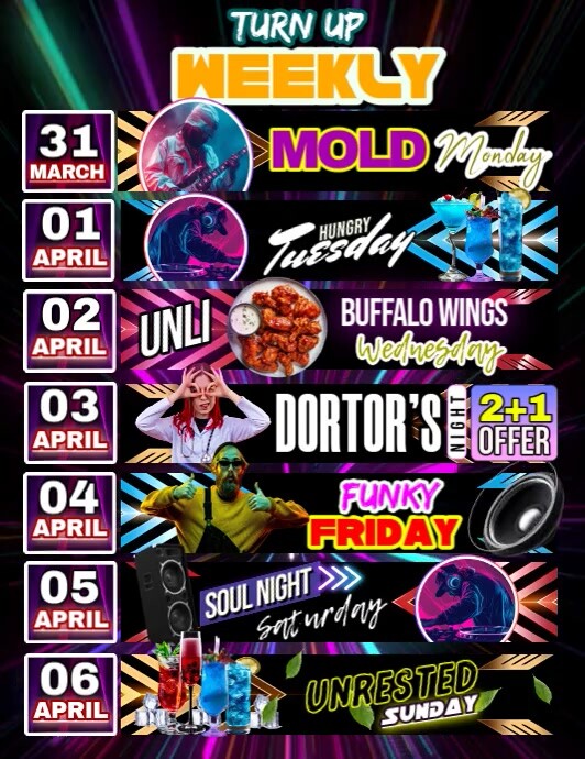 Turn Up Weekly Schedule Flyer Folheto (US Letter) template