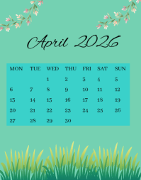 Turquoise Floral April 2026 Calendar Poster/Wallboard 海报/墙板 template