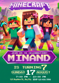 Turquoise Minecraft Birthday Party A6 Template