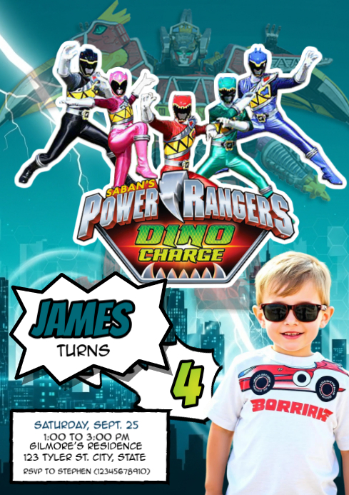 Turquoise Power Rangers Birthday Party A4 Templat | PosterMyWall