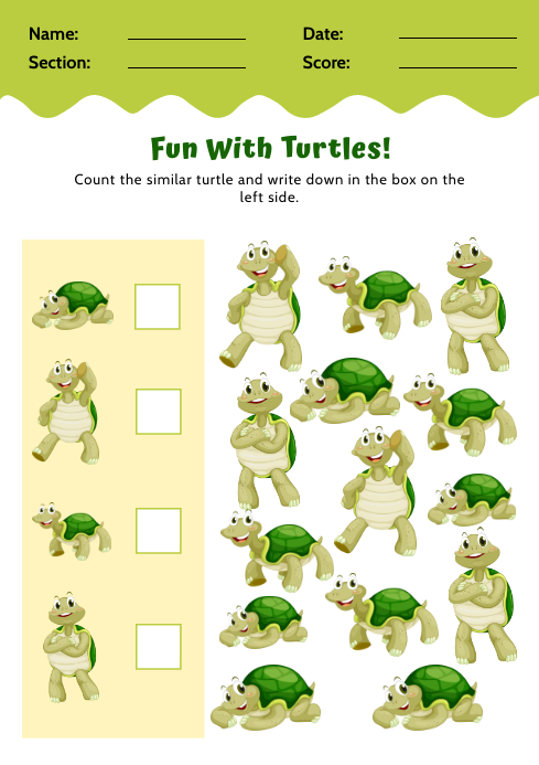 Turtle Themed Mathematics Worksheet A4 template