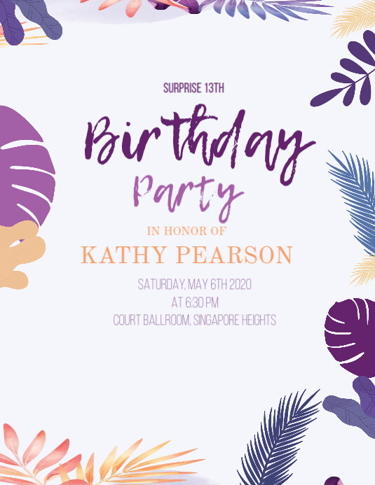 Tween Birthday Party Invitation Card Floral ใบปลิว (US Letter) template