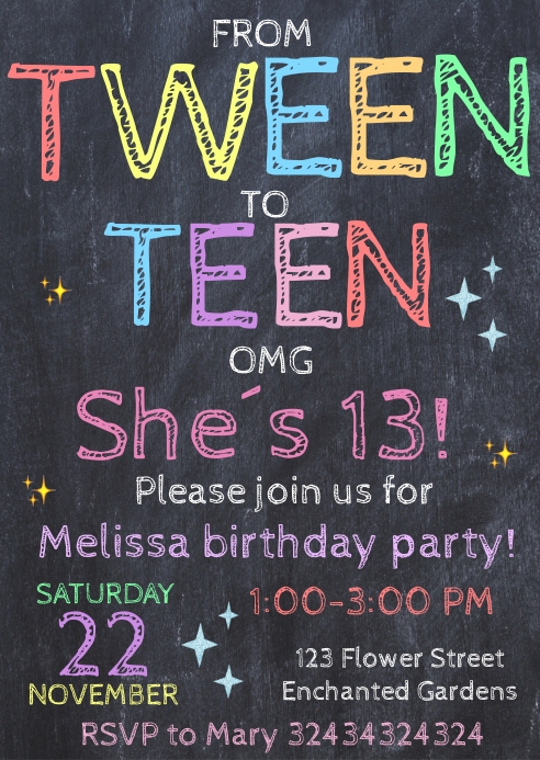 Tween To Teen 13th Birthday Party Invitation, A6 template