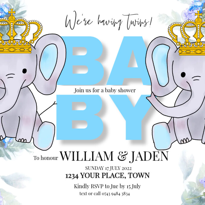 Twin baby boy Shower Elephant Flyer Free Wpis na Instagrama template