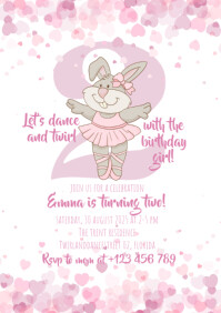 twirling bunny ballerina dancer birthday invitation A5 template