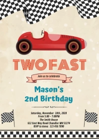 Two fast race car birthday invitation A6 template