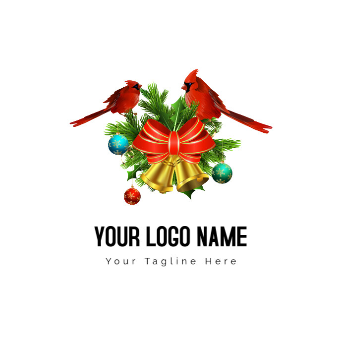 Two Red Sparrow Birds Perched On Christmas Decor Illustration Logo template