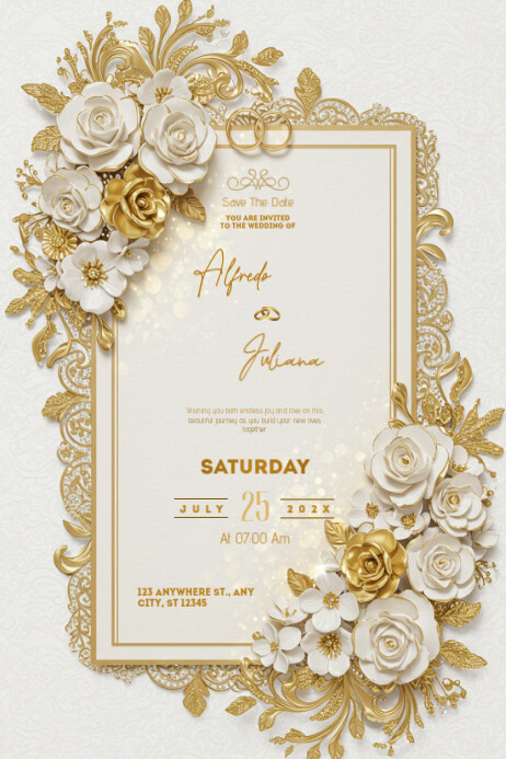 Typographic Golden Floral Wedding Invitation Card Poster Plakkaat template