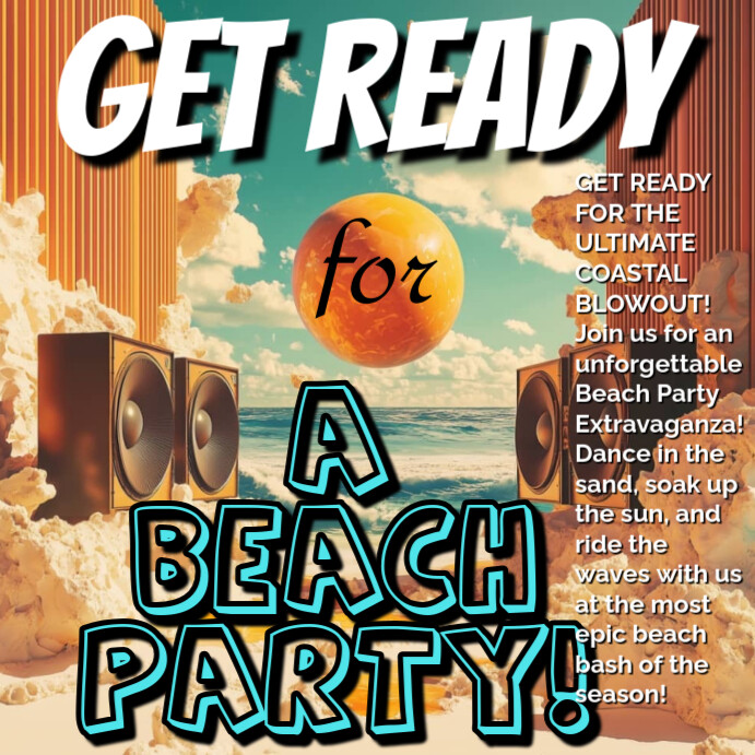 Typographic Orange And Blue Maximalist Joyful Design For A Beach Party. Instagram Post template