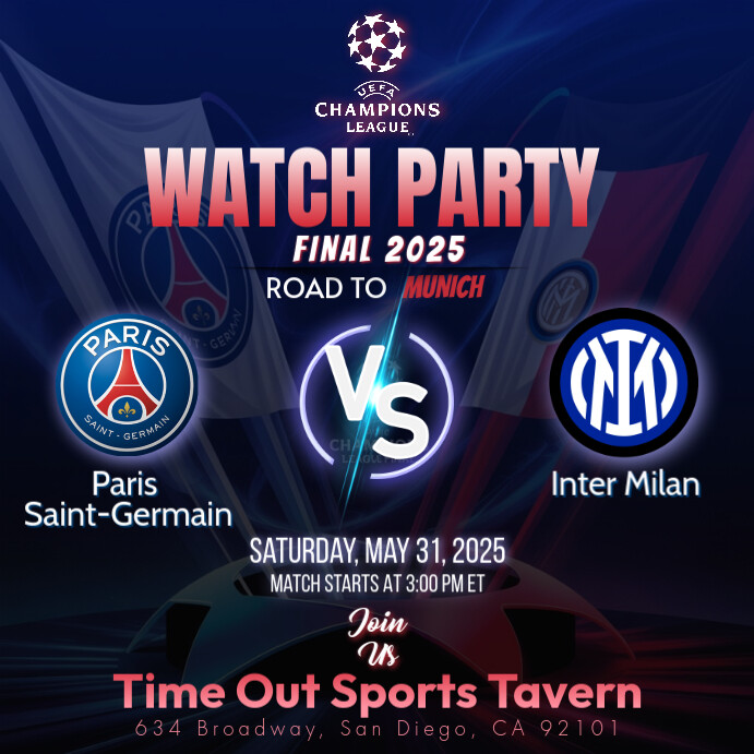 UEFA Champions League Final 2025: Paris Saint-Germain vs. Inter Milan Watch Party Instagram Post template