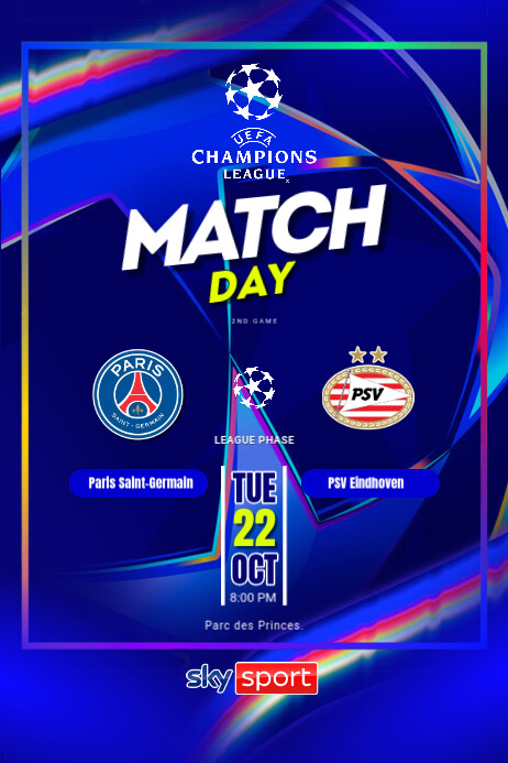 UEFA Champions League Paris Saint-Germain vs PSV Eindhoven Cartaz template