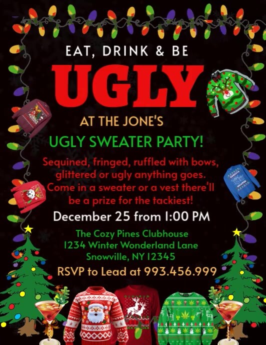 Ugly Sweater Christmas Party Invitation Eat Drink And Be 传单(美国信函) template