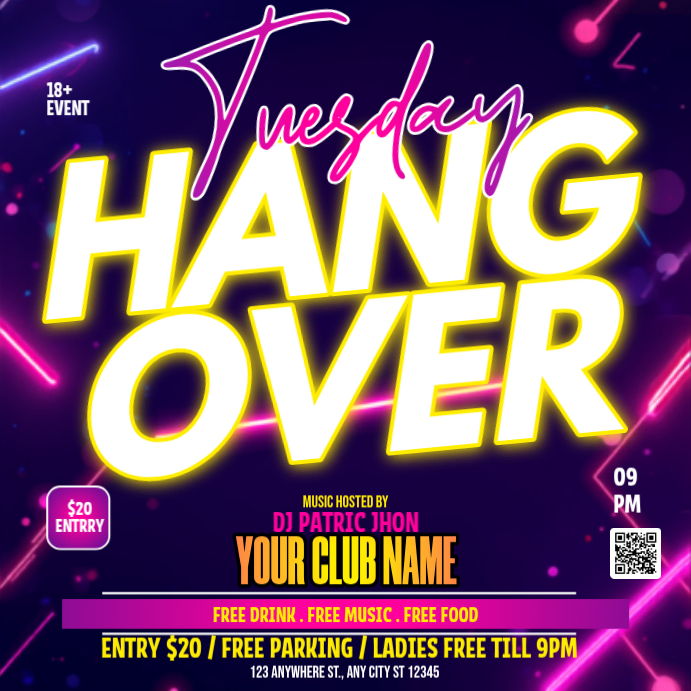 Ungu Neon Tuesday Hangover Party Pos Instagram Template | PosterMyWall