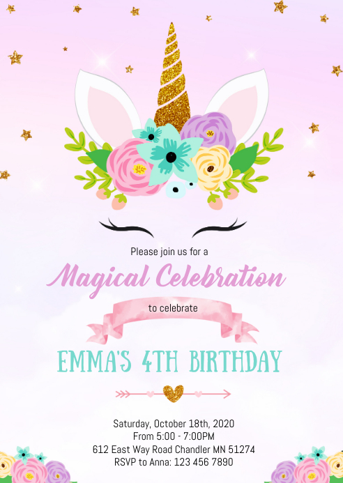 Unicorn birthday invitation A6 template