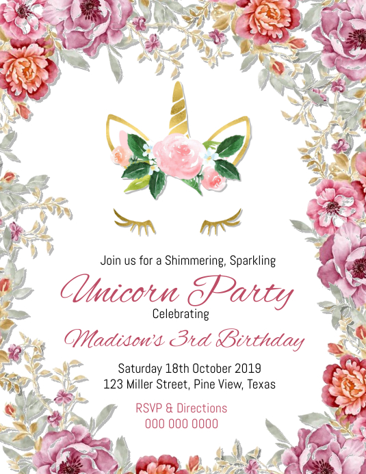 Unicorn Birthday Invitation 传单(美国信函) template