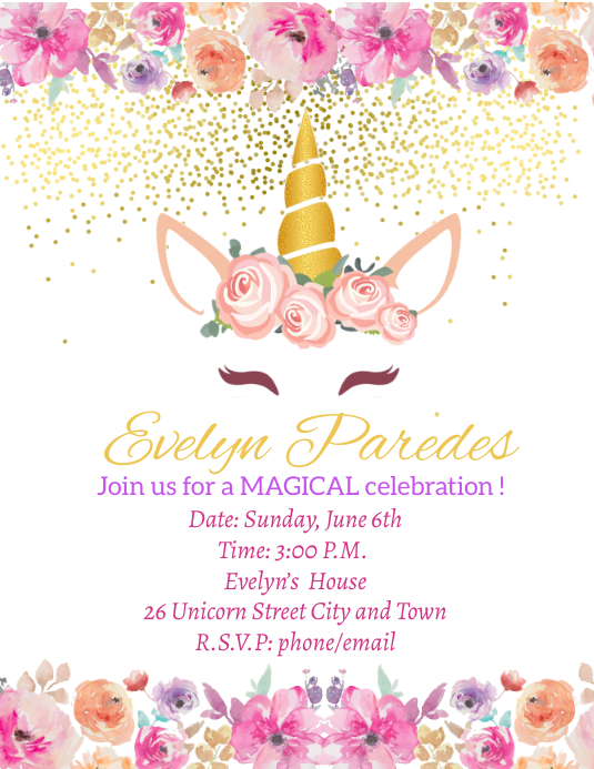 Unicorn Birthday Invitation Løbeseddel (US Letter) template