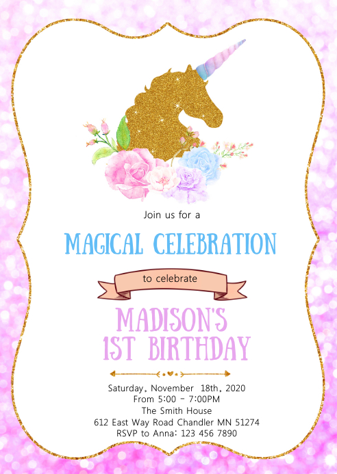 Unicorn birthday party invitation A6 template