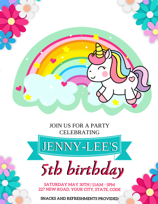 UNICORN BIRTHDAY PARTY INVITATION TEMPLATE Volante (Carta US)