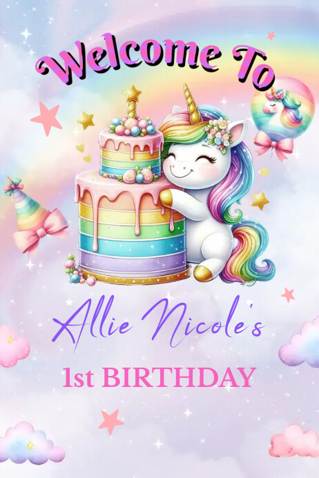 Unicorn Birthday Welcome Sign Poster template