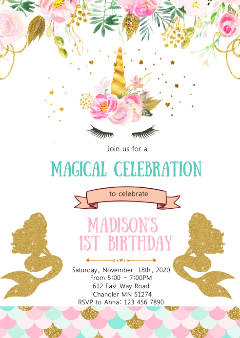 Unicorn mermaid birthday party invitation A6 template