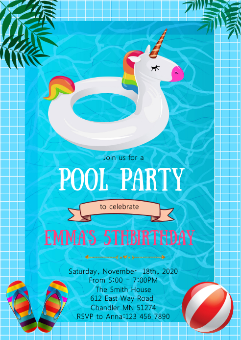 Unicorn pool birthday party invitation A6 template