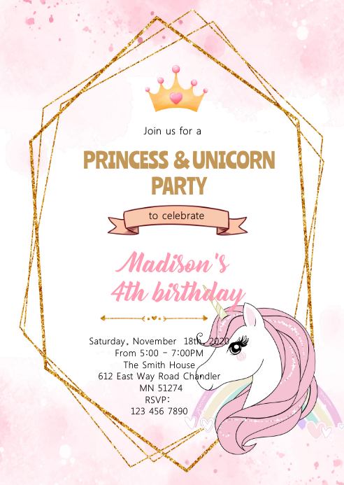 Unicorn princess birthday invitation A6 template