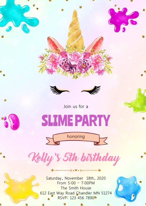 Unicorn slime party invitation A6 template