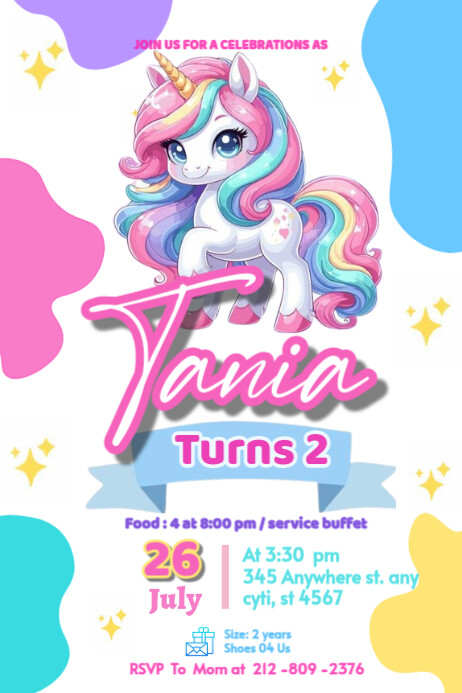 Unicornio | unicorn invitation happy Brithday party temple flayer editablet celebration kids Poster template