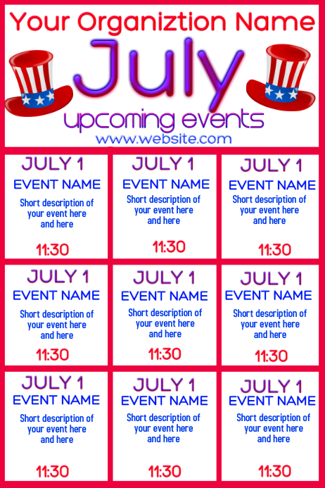 July Upcoming Events Calendar Template | PosterMyWall