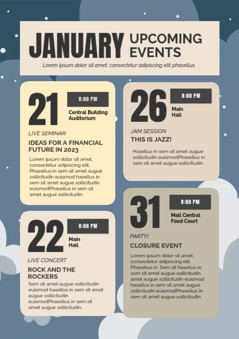 Upcoming Events Monthly Schedule calendar Template PosterMyWall Upcoming Events Monthly Schedule calendar Template PosterMyWall