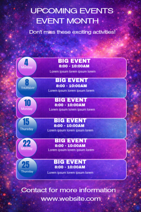 Upcoming events schedule template | PosterMyWall