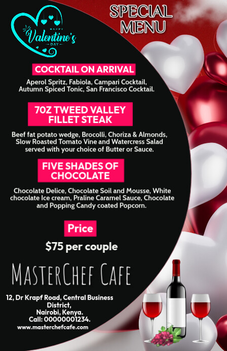 couples dinner menu Half Page Wide template